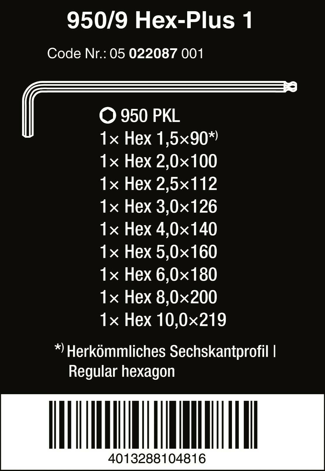 Wera 950/9 Hex-Plus 1 L-Key Set Chrome Plated Metric 9 Pieces 05022087001