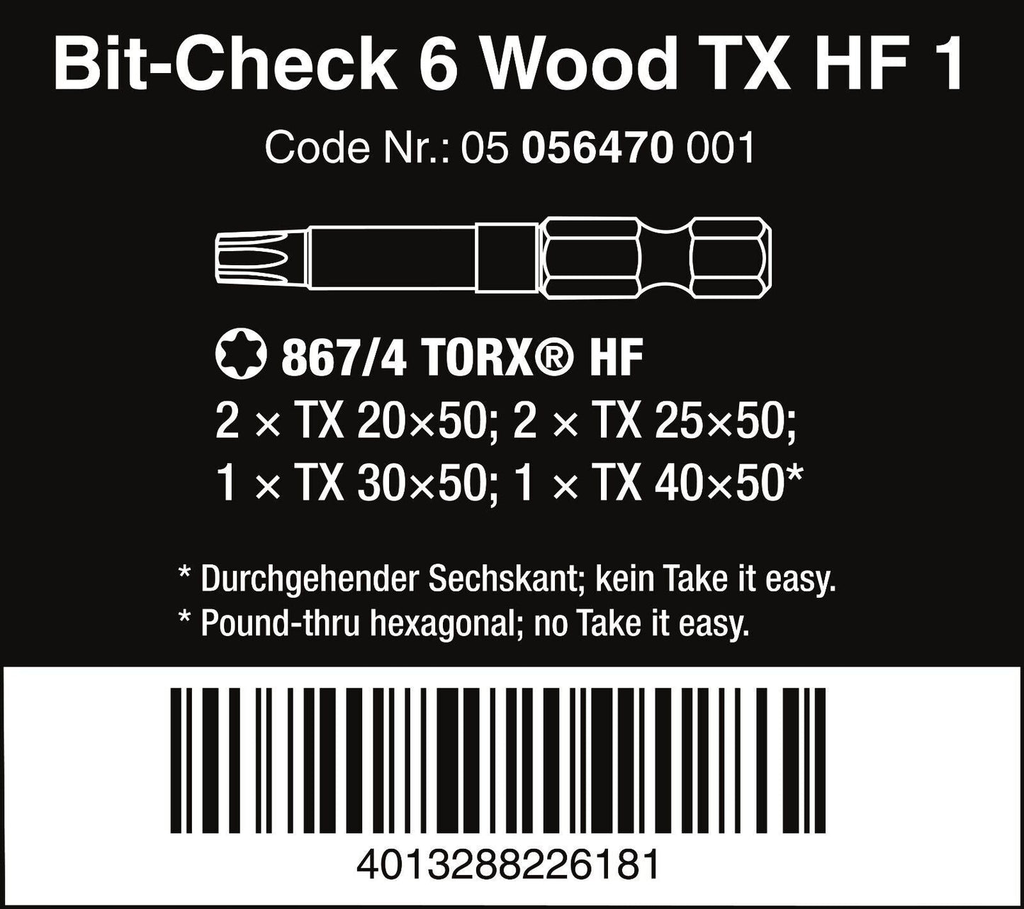 Wera Bit-Check 6 Wood TX HF 1 TORX® Bit Set 6 Pieces 05056470001