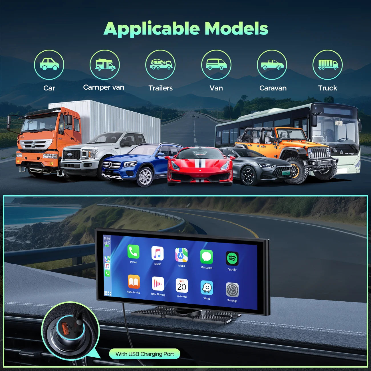 9.26" Wireless CarPlay & Android Auto Screen with 4K Dash Cam, 1080P Backup Camera & GPS Navigation