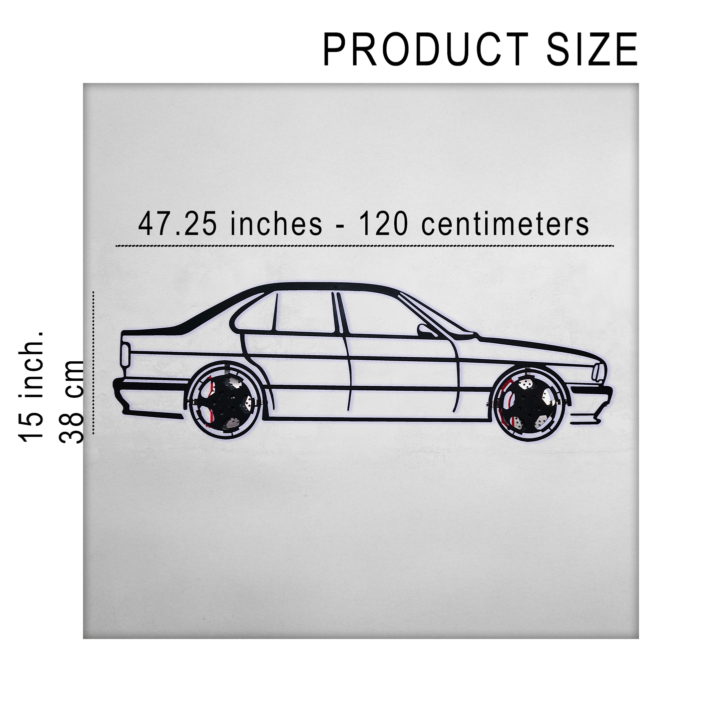 BMW E34 M5 Wall Art – Classic Steel Silhouette with Spinning Wheels-KAFMEKA014