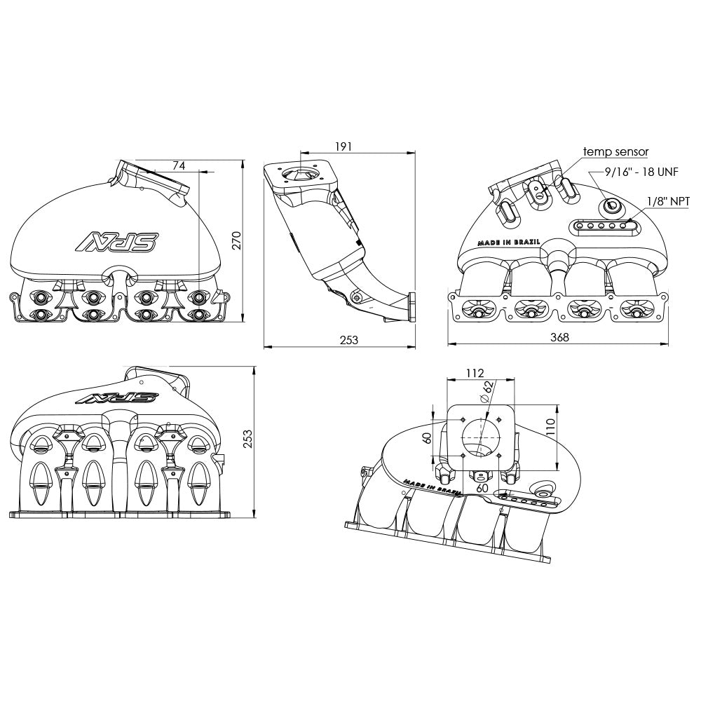 Cast Aluminum Intake Manifold for longitudinal VW/AUDI 1.8T with 4 injectors Fuel Rail Kit (without throttle bolt holes) Black