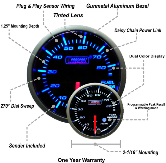 2-1/16" Premium Blue/White Fuel Pressure Gauge