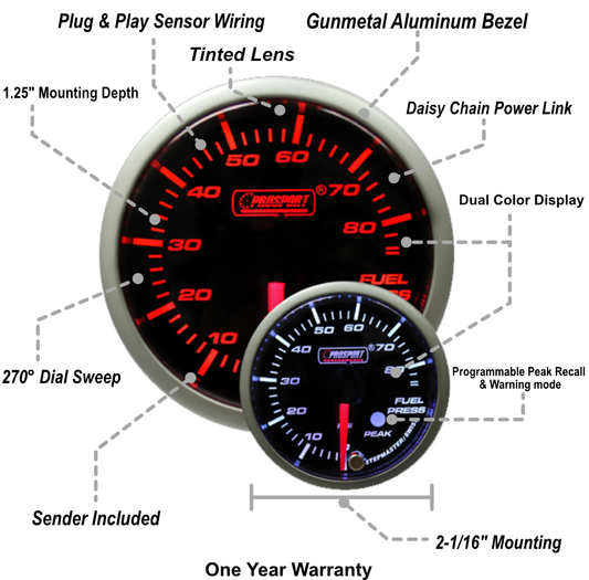 2-1/16" Premium Amber/White Fuel Pressure Gauge