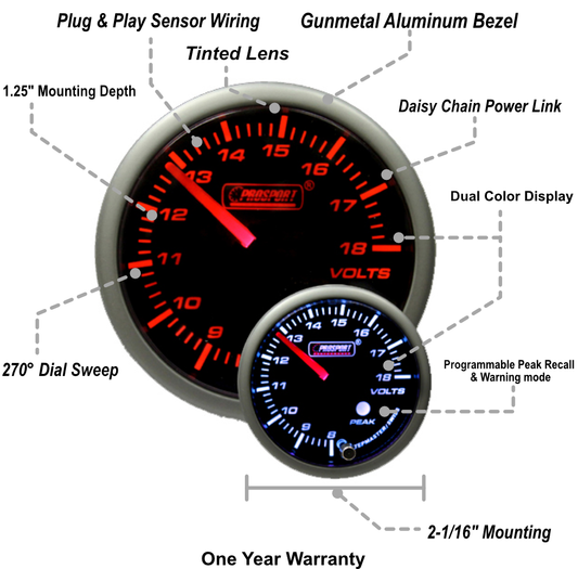 2-1/16" Premium Amber / White Volt Gauge