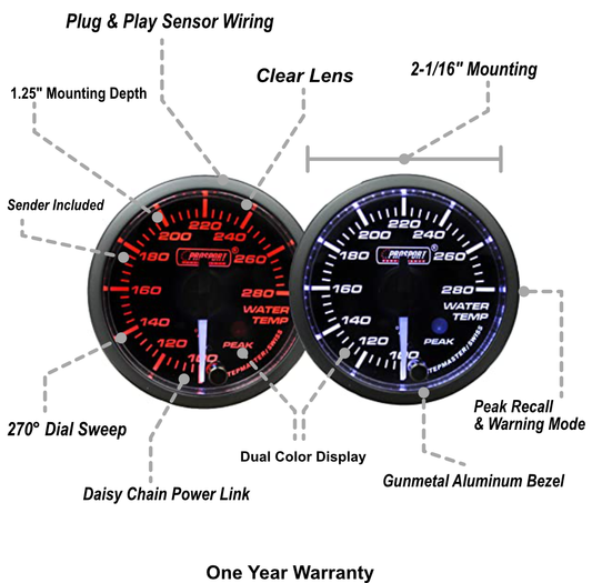 2-1/16" Premium White Pointer Clear Lens Amber/White Water Temperature
