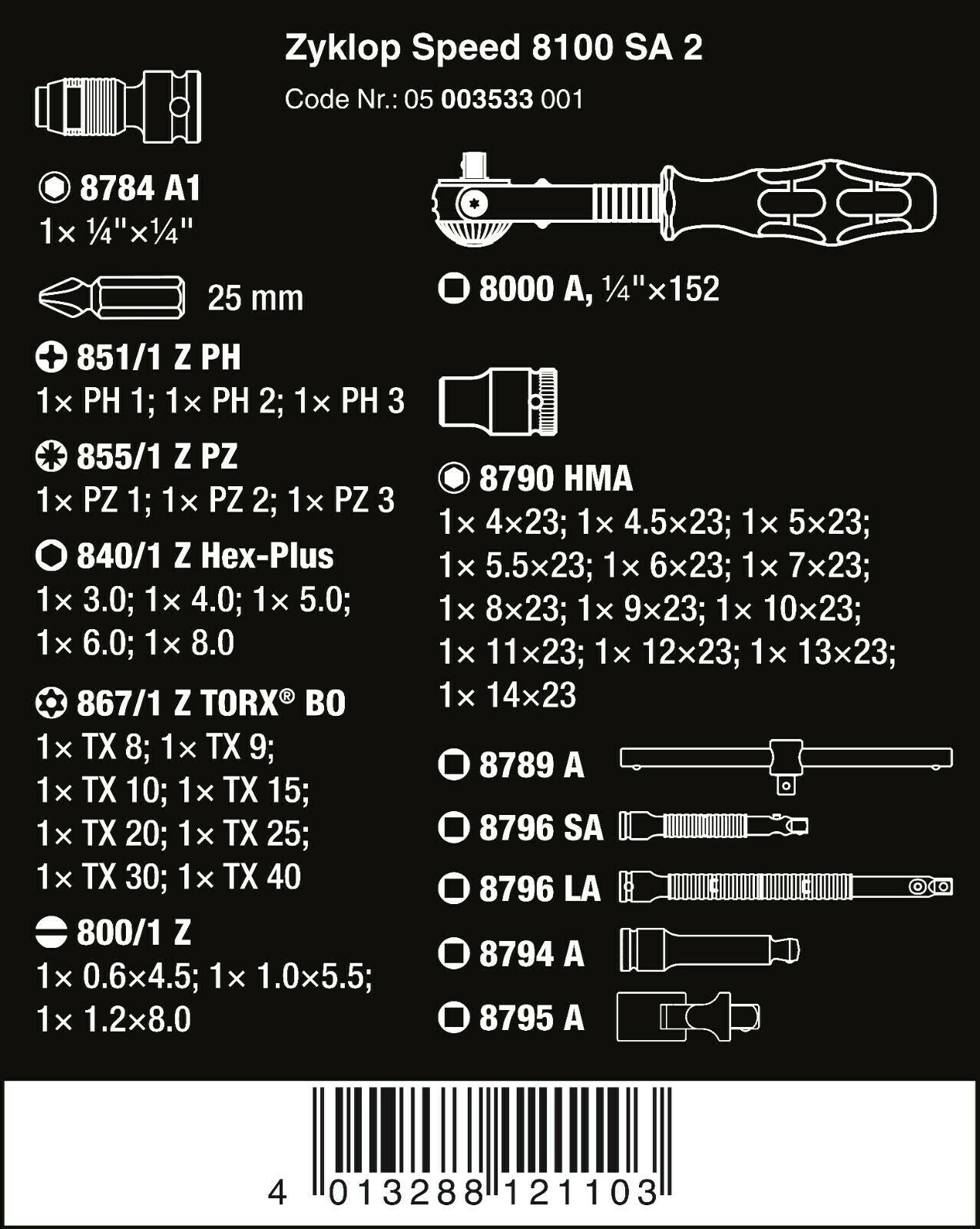 Wera 8100 SA 2 Zyklop Socket Wrench Set 1/4" Drive Metric 42 Pieces 05003533001