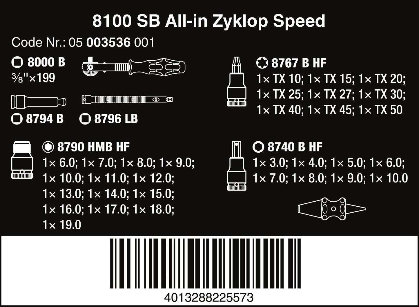 Wera 8100 SB All In Zyklop Speed Ratchet Set HF 3/8" Drive Metric 05003536001