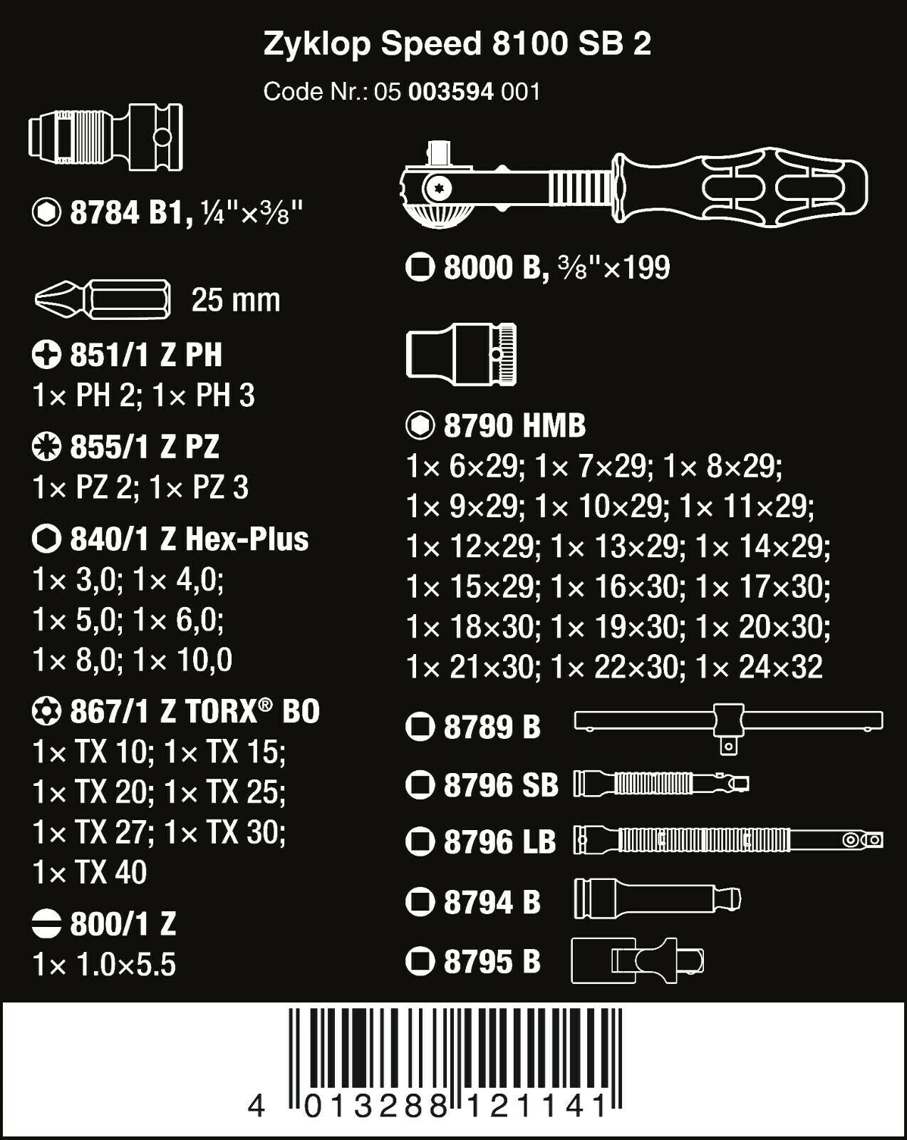 Wera 8100 SB 2 Zyklop Socket Wrench Set 3/8" Drive Metric 43 Pieces 05003594001