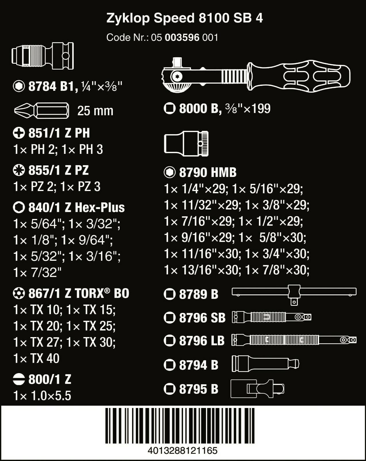 Wera 8100 SB 4 Zyklop Socket Wrench Set 3/8" Drive SAE 38 Pieces 05003596001