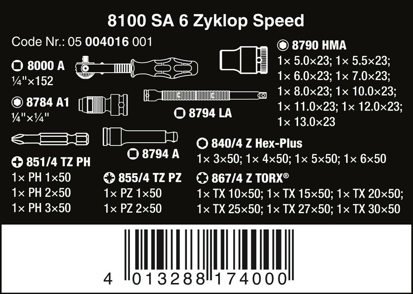Wera 8100 SA 6 Zyklop Speed Ratchet Set 1/4" Drive Metric 05004016001