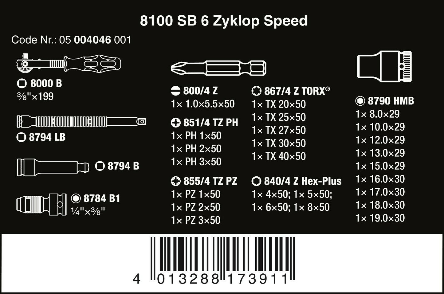 Wera 8100 SB 6 Zyklop Speed Ratchet Set 3/8" Drive Metric 29 Piece 05004046001