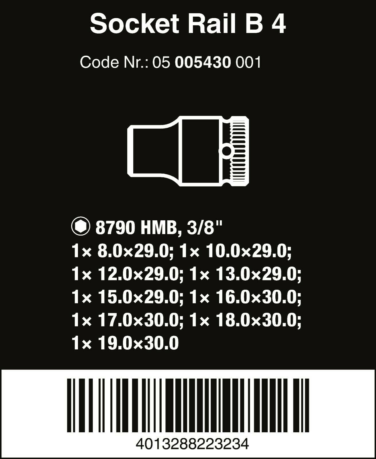 Wera B 4 Zyklop Magnetic Rail Socket Set 3/8" Drive 9 Pieces Metric 05005430001