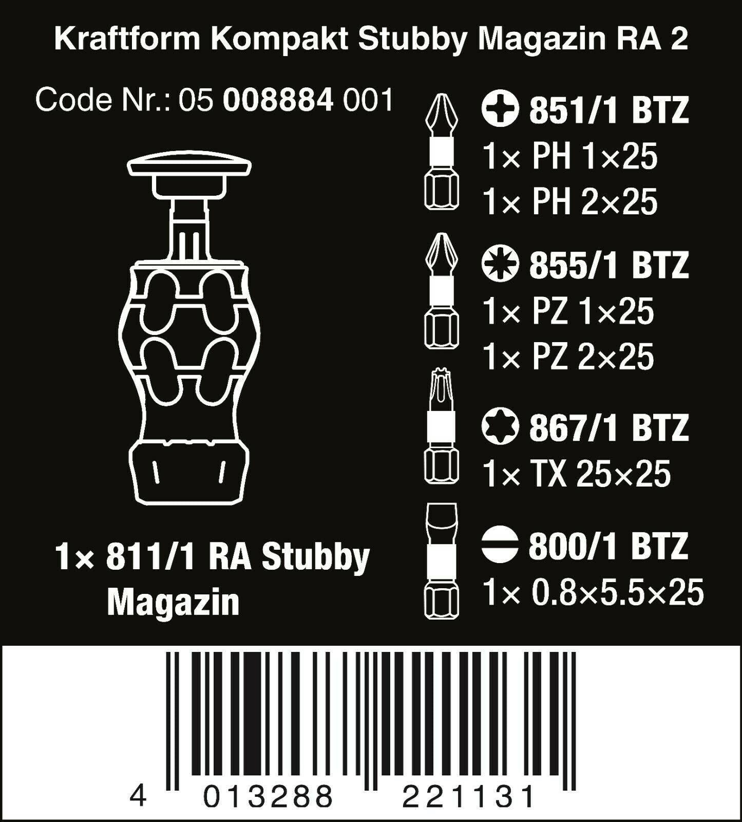 Wera Kraftform Kompakt Stubby Magazine RA 2 Screwdriver Set 6 Pieces 05008884001