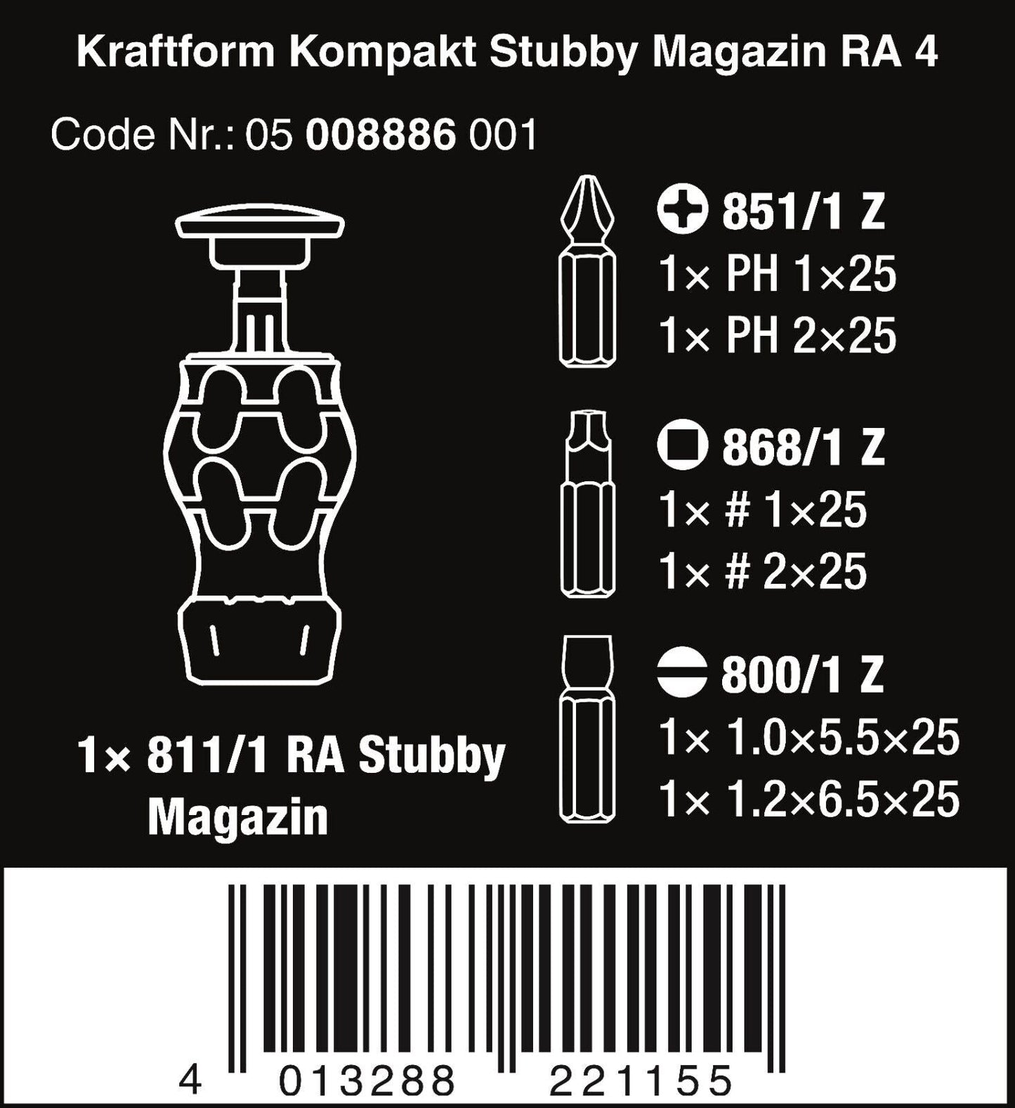 Wera Kraftform Kompakt Stubby Magazine RA 4 Screwdriver Set Pieces 05008886001