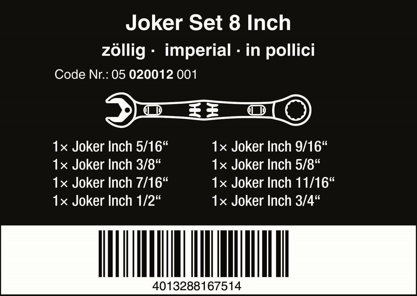 Wera 6000 Joker Ratcheting Combination Wrench Set 8 Piece SAE 05020012001