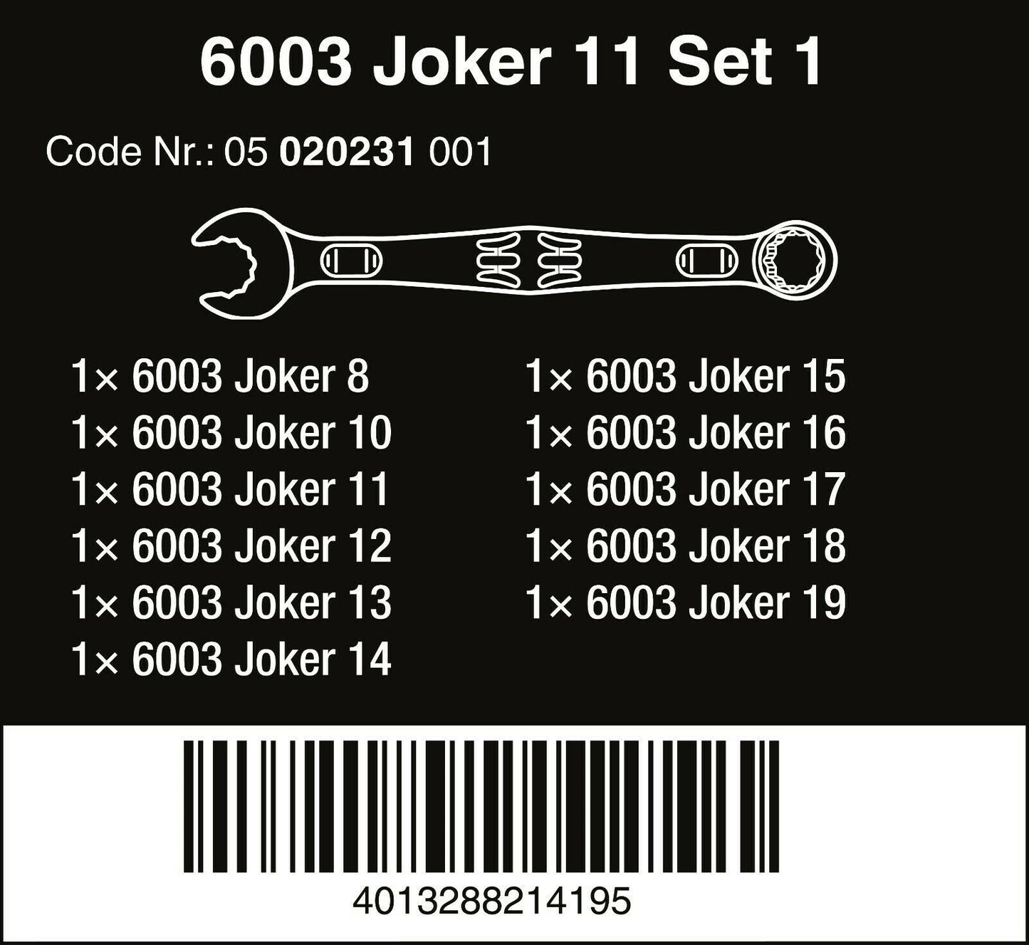 Wera 6003 Joker Combination Wrench Set 11 Piece Metric 05020231001