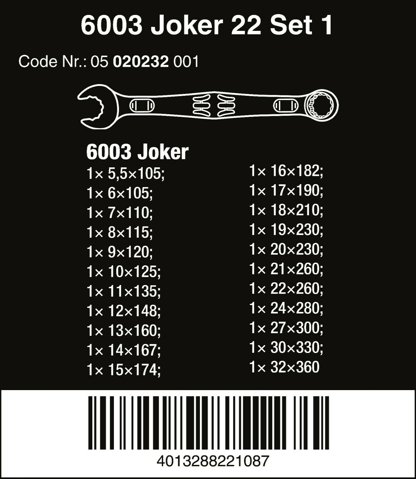Wera 6003 Joker 22 Set 1 Combination Wrench Set 22 Piece Metric 05020232001
