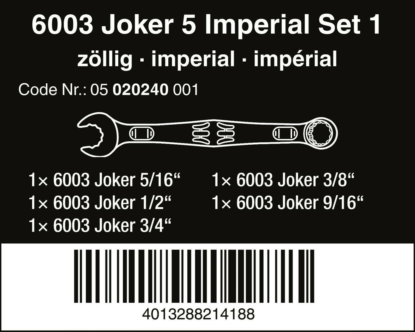 Wera 6003 Joker Combination Wrench Set 5 Piece SAE 05020240001