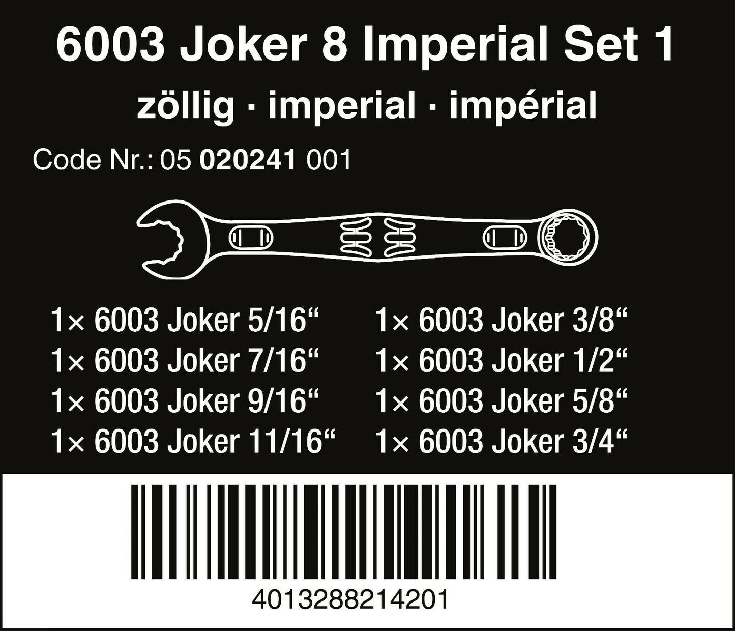 Wera 6003 Joker Combination Wrench Set 8 Piece SAE 05020241001