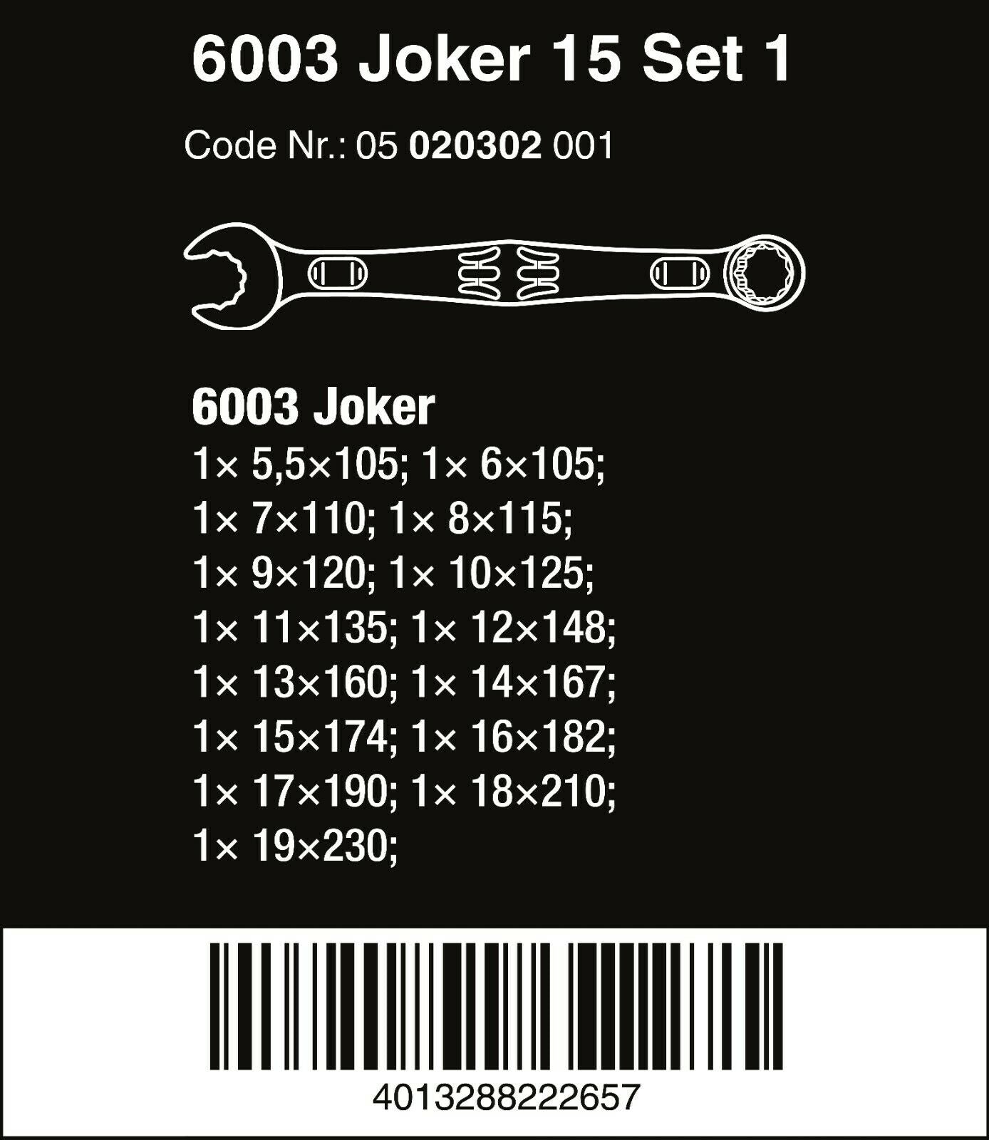 Wera 6003 Joker Combination Wrench Set 15 Piece Metric 05020302001