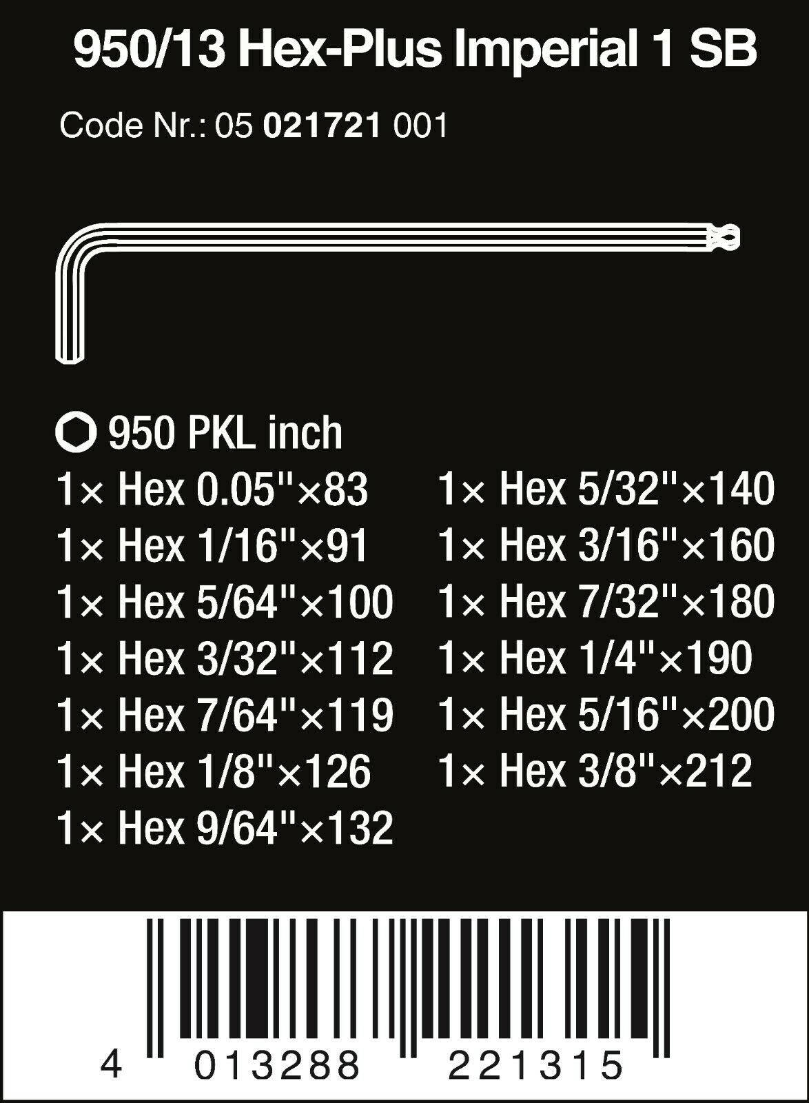 Wera 950/13 Hex-Plus 1 SB L-Key Set SAE 13 Piece 05021721001