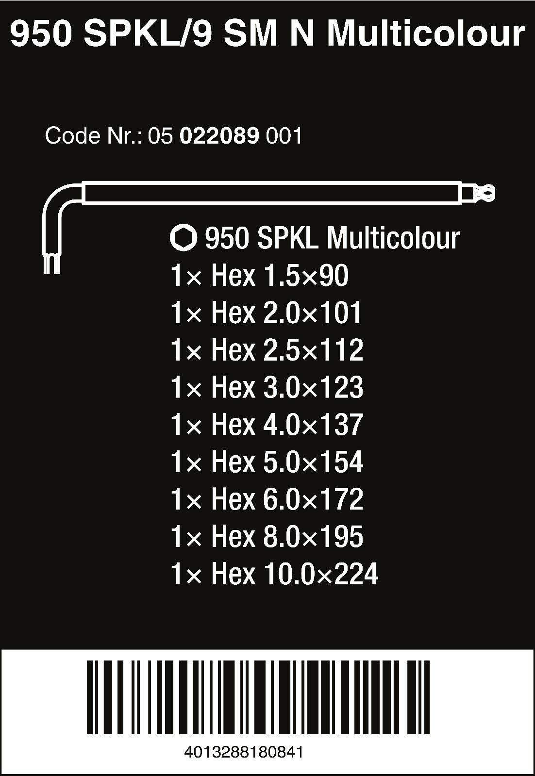 Wera 950 SPKL/9 SM N Multicolour L-Key Set Metric 05022089001