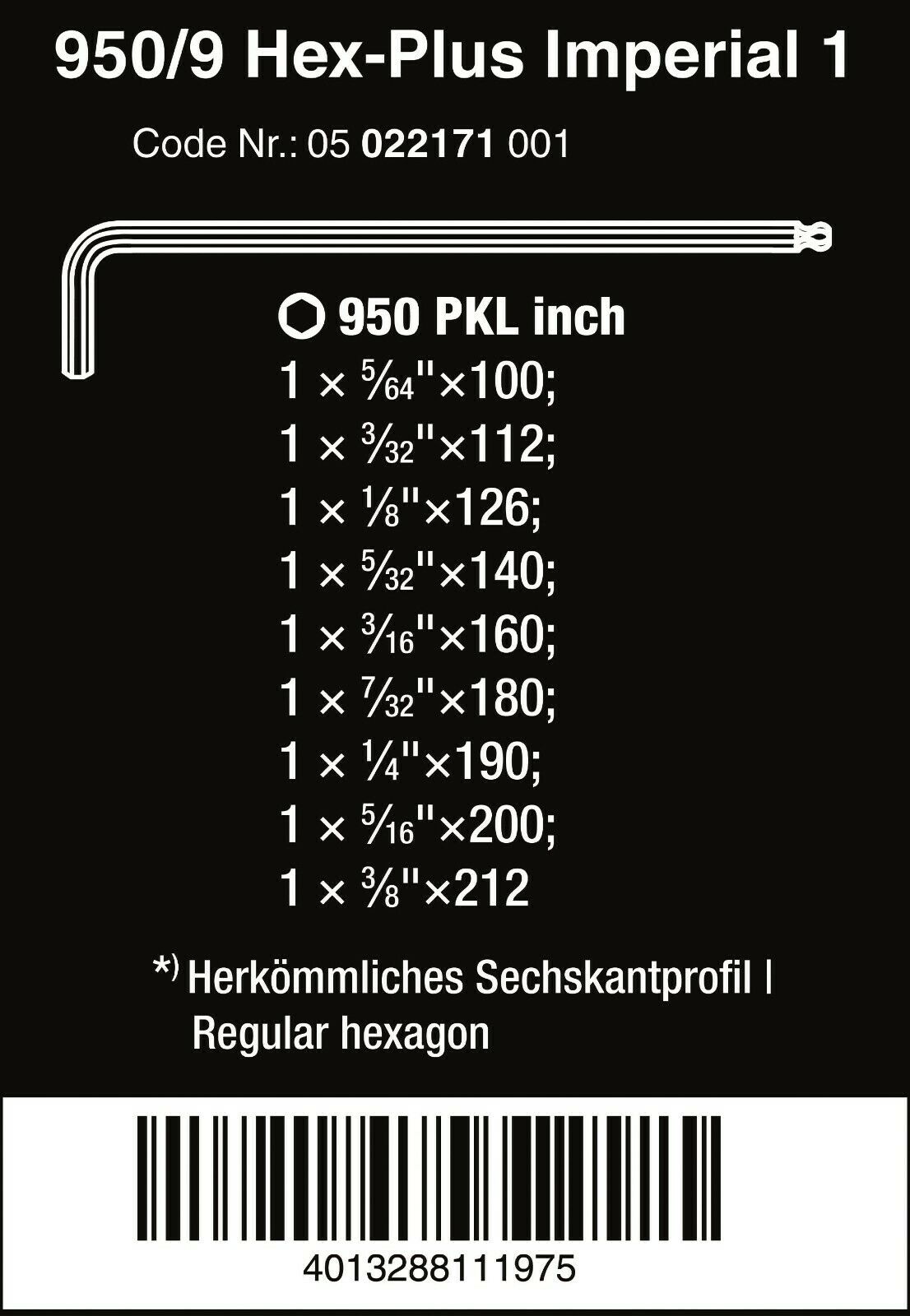 Wera 950/9 Hex-Plus 1 L-Key Set Imperial 9 Pieces 05022171001