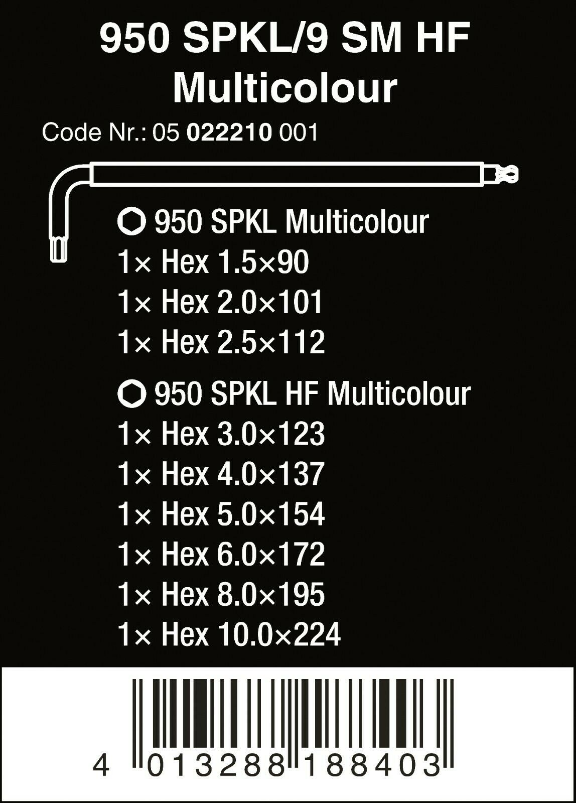 Wera 950/9 HF 1 Hex-Plus Multicolor L-Key Set Metric 9 Pieces 05022210001
