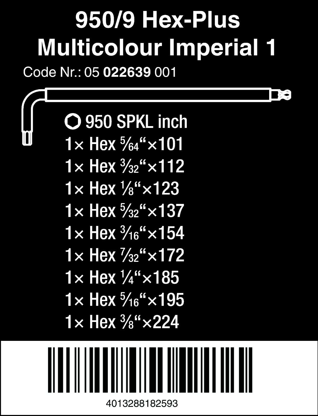 Wera 950 SPKL/9 SM N Multicolour L-Key Set Imperial 05022639001