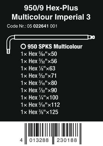 Wera 950/9 Hex-Plus Multicolor 3 L-Key Set SAE 9 Pieces 05022641001