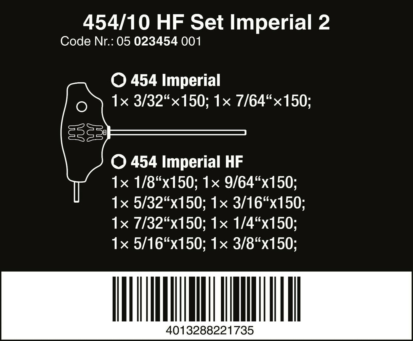 Wera 454/10 HF Set 2 Hex-Plus T-Handle Screwdriver Set 7 Piece SAE 05023454001