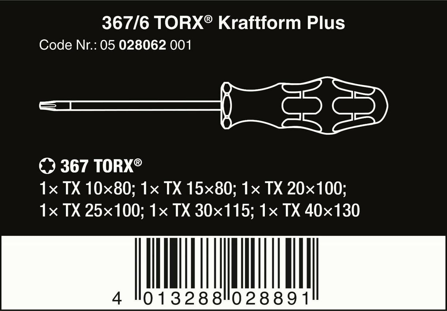 Wera 367/6 Kraftform Plus TORX® Screwdriver Set With Rack 6 Piece 05028062001