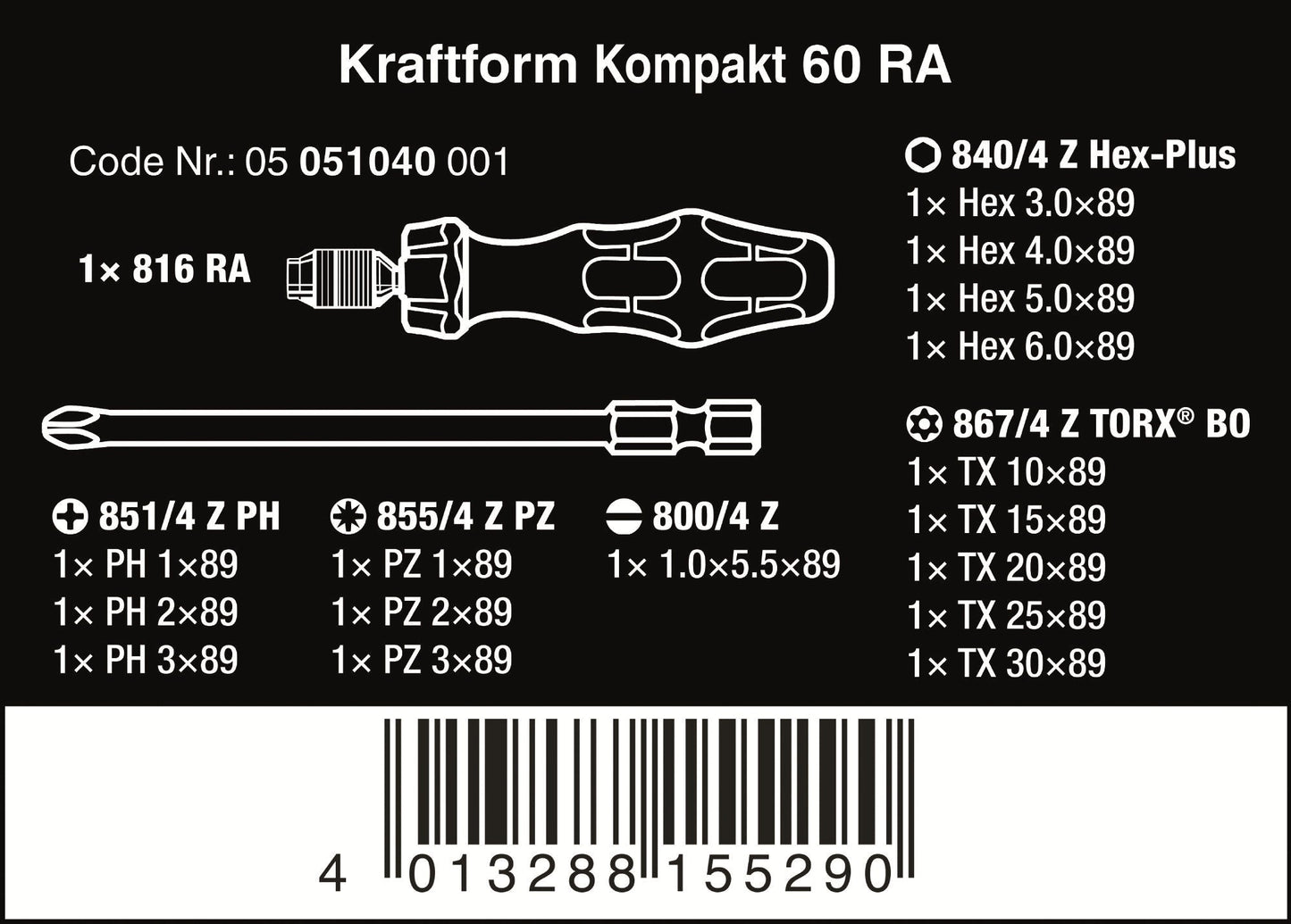 Wera Kraftform Kompakt 60 RA Ratcheting Screwdriver Set Metric 05051040001