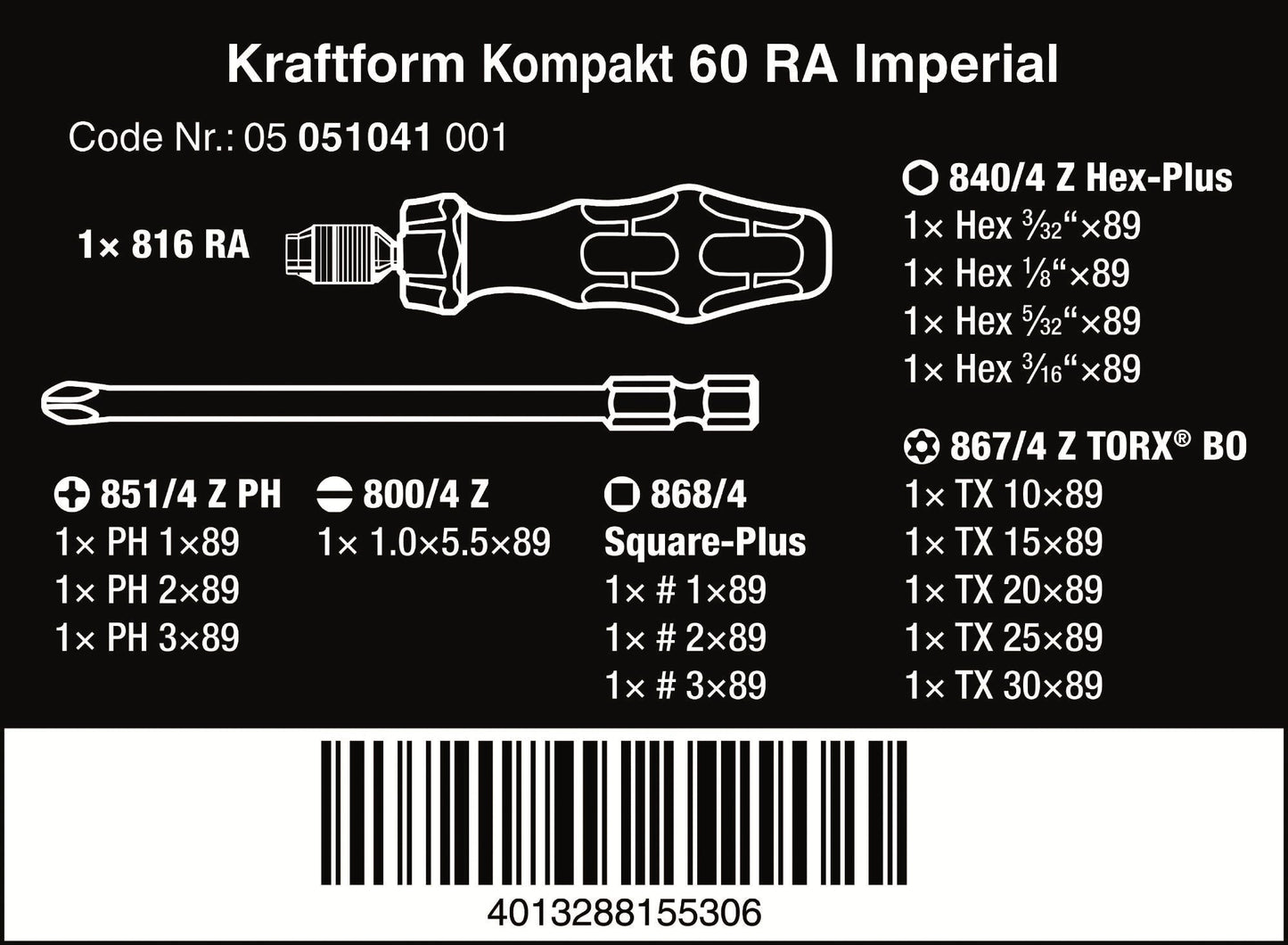 Wera Kraftform Kompakt 60 RA Ratcheting Screwdriver Set SAE 05051041001