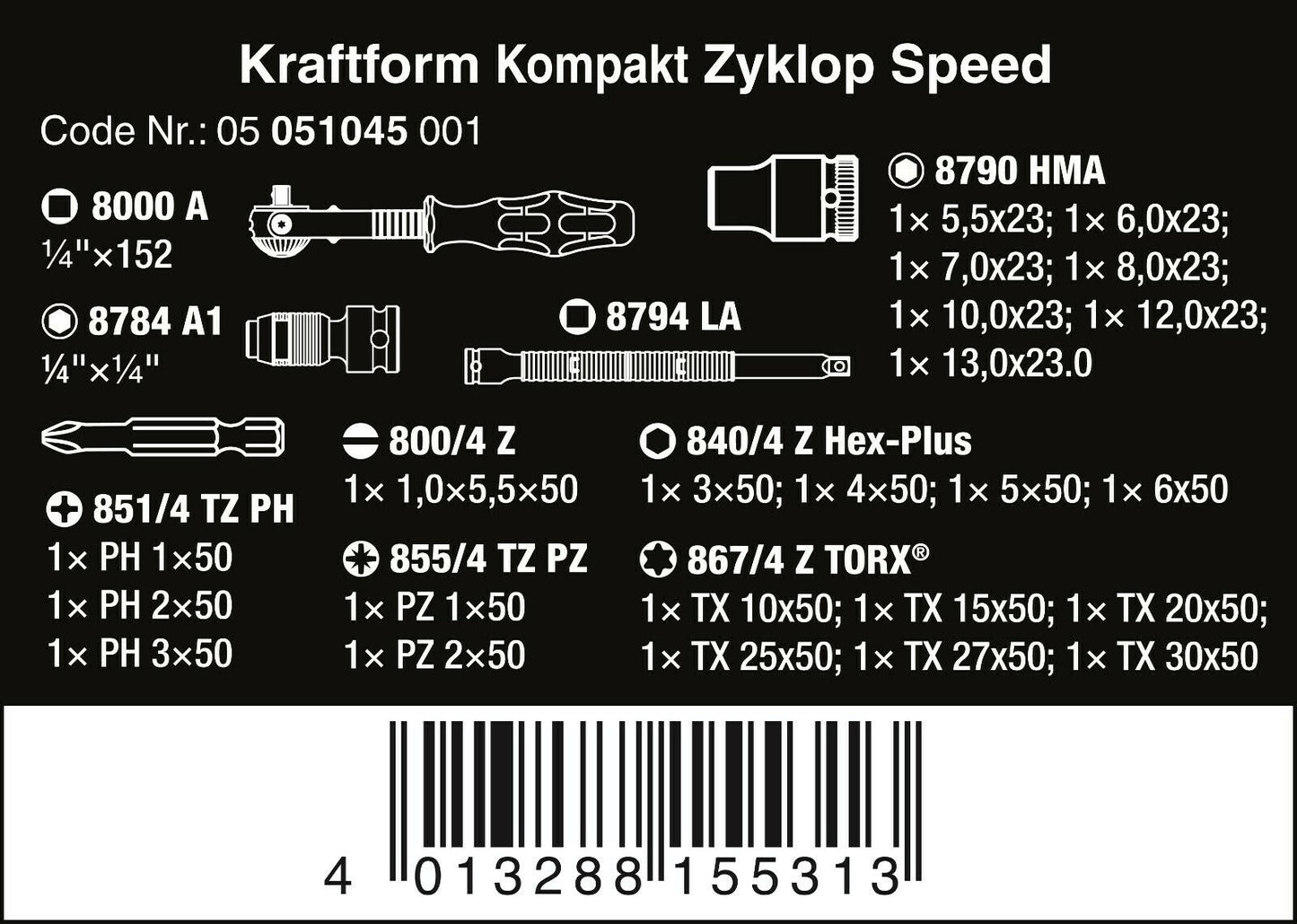 Wera Kraftform Kompakt Zyklop Speed Ratchet Set 1/4" Drive Metric 05051045001
