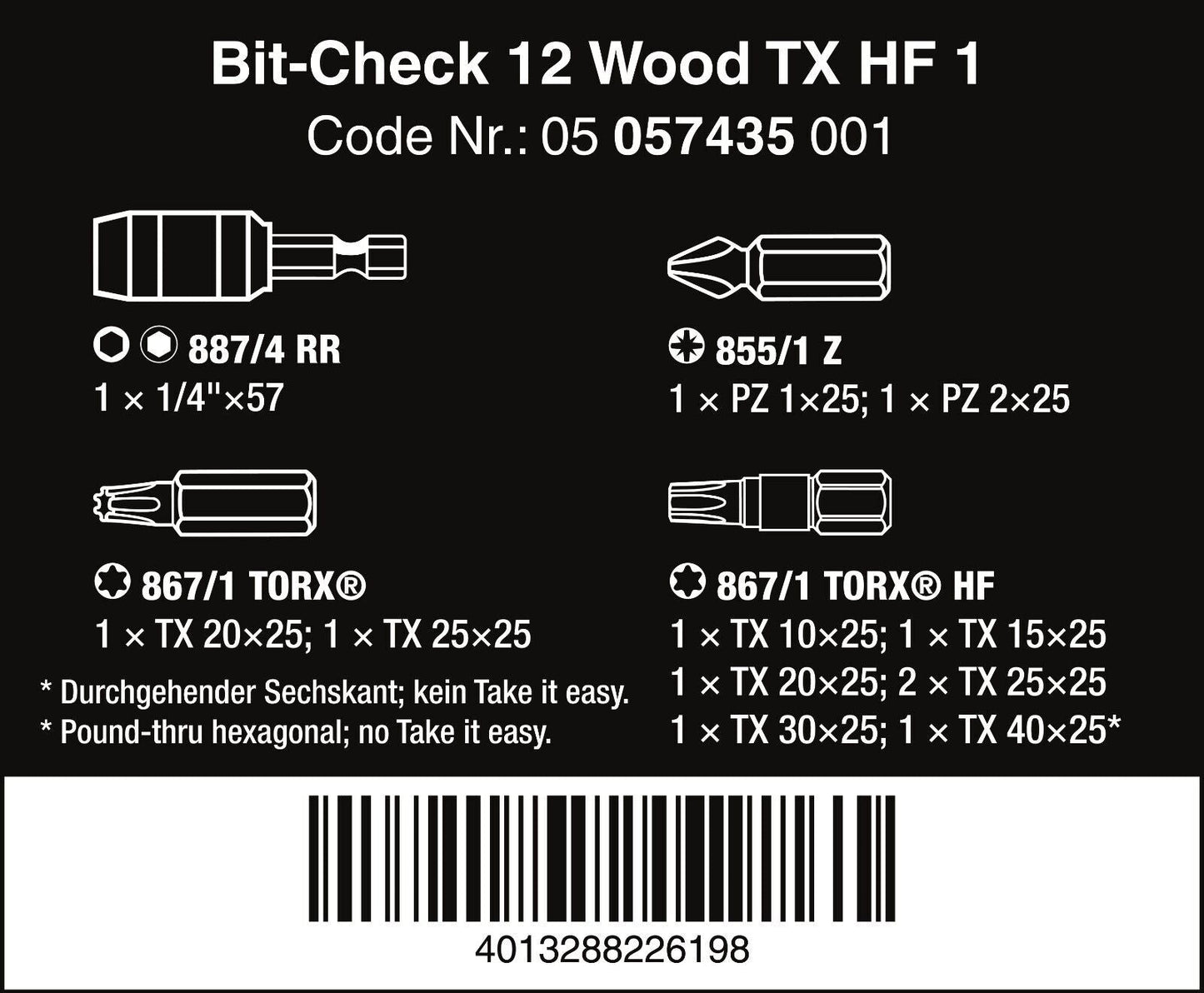 Wera Bit Check 12 Wood TX HF 1 Bits Set 12 Pieces 05057435001