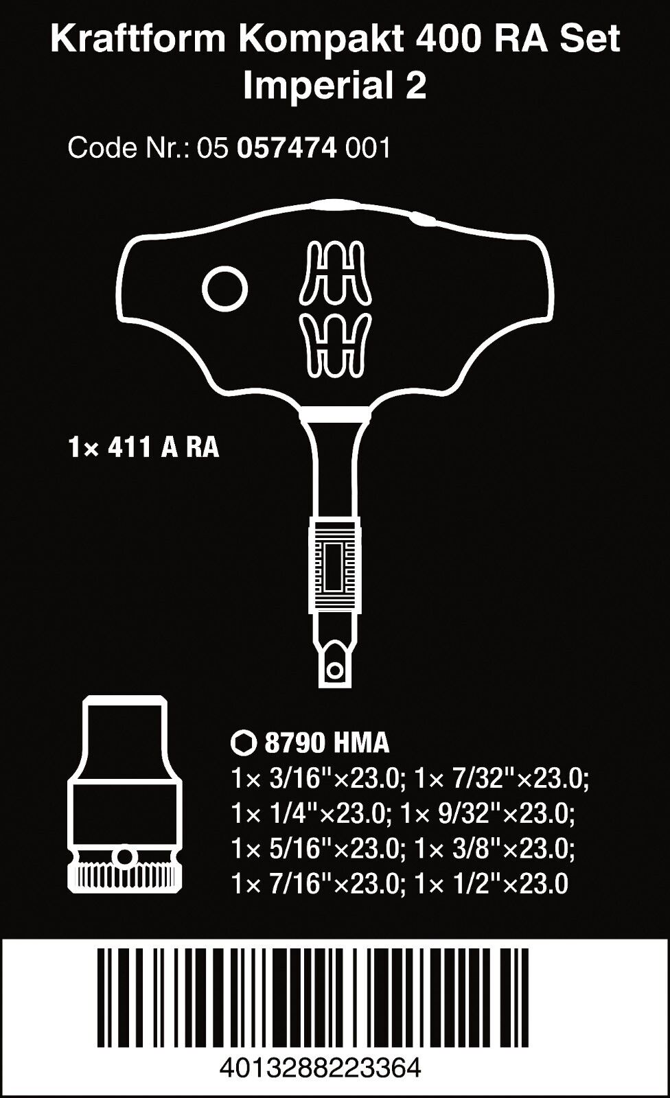 Wera Kraftform Kompakt 400 RA Set 2 Ratcheting T-Handle Set SAE 05057474001