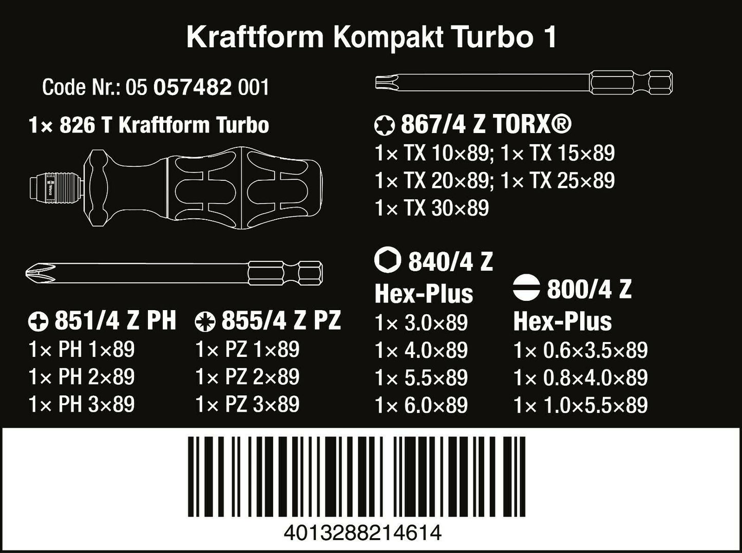 Wera 826 T Kraftform Kompakt Turbo 1 Screwdriver Set 19 Piece Metric 05057482001
