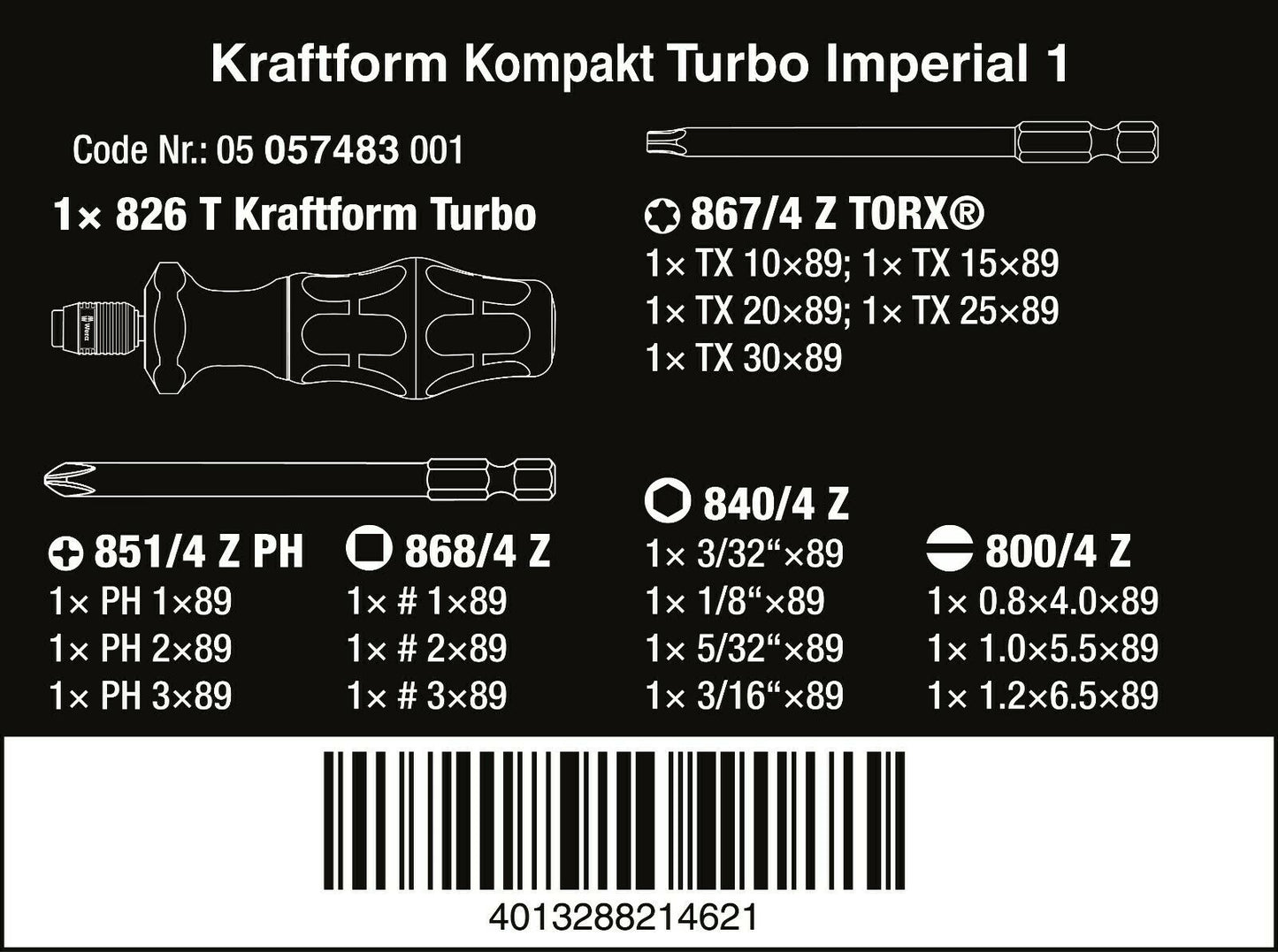 Wera 826 T Kraftform Kompakt Turbo 1 Screwdriver Set 19 Piece SAE 05057483001