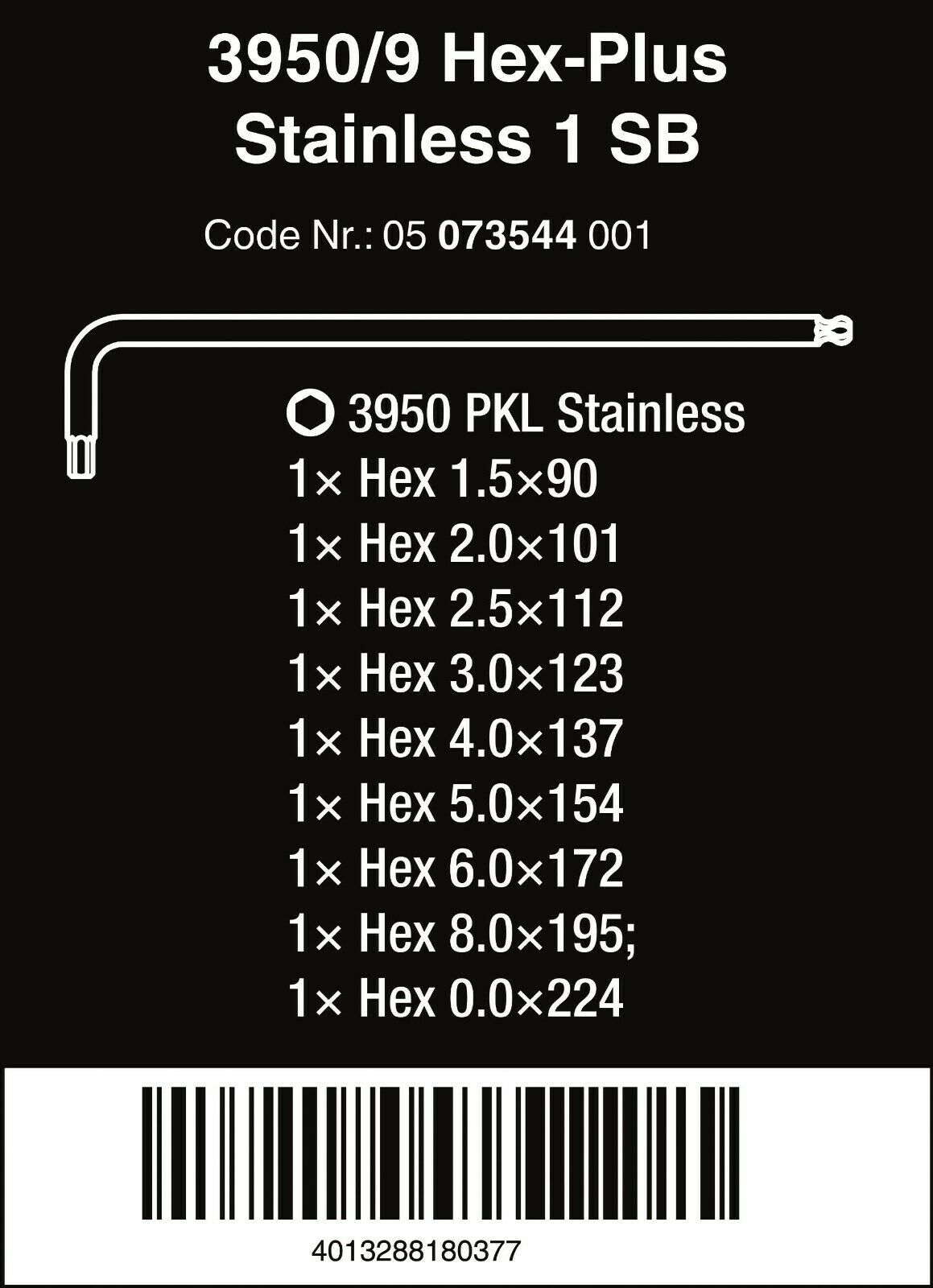 Wera 3950/9 Hex-Plus 1 SB Stainless Steel L-Key Set Metric 9 Pieces 05073544001