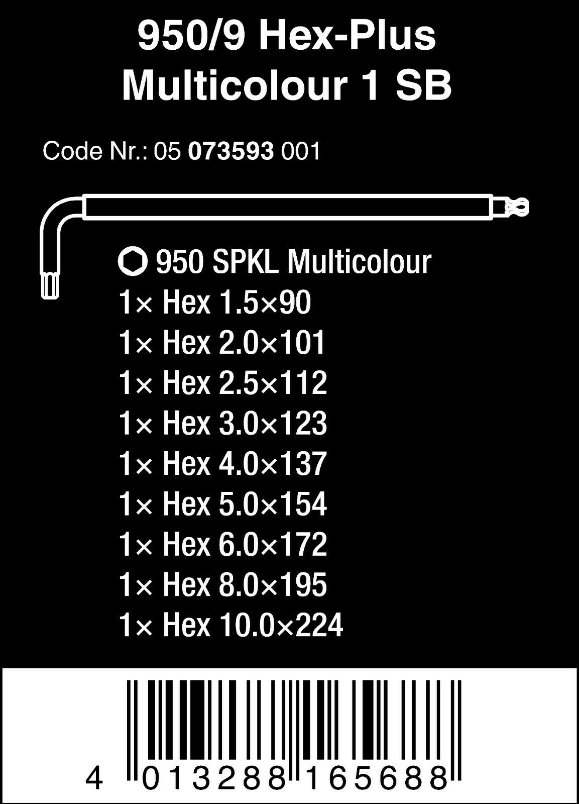 Wera 950/9 Metric 9-Piece Hex-Plus L-Key Set – Multicolor Professional Hex Keys – 05073593001