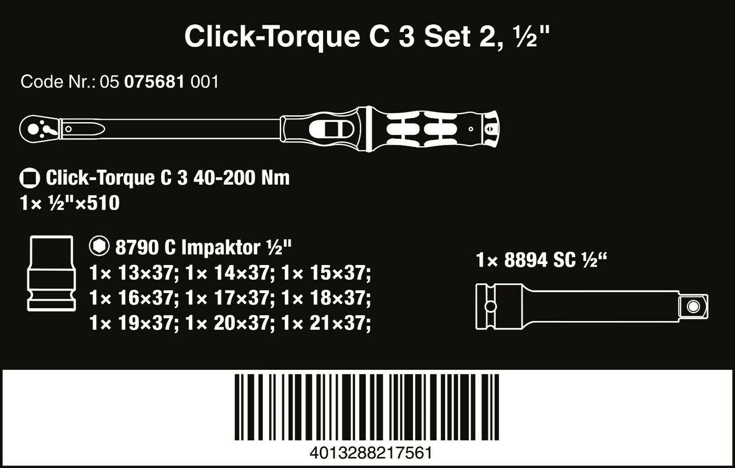 Wera C3 Click-Torque Wrench Set 2 For Cement Screws 1/2" Drive 05075681001
