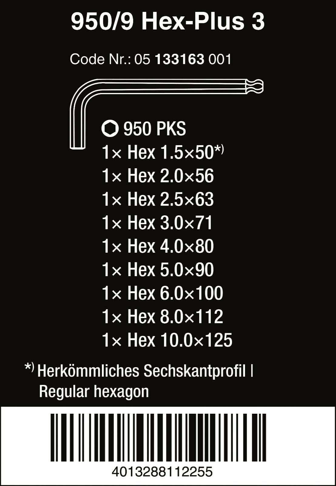 Wera 950/9 Hex-Plus L-Key Set 9 Piece Metric 05133163001