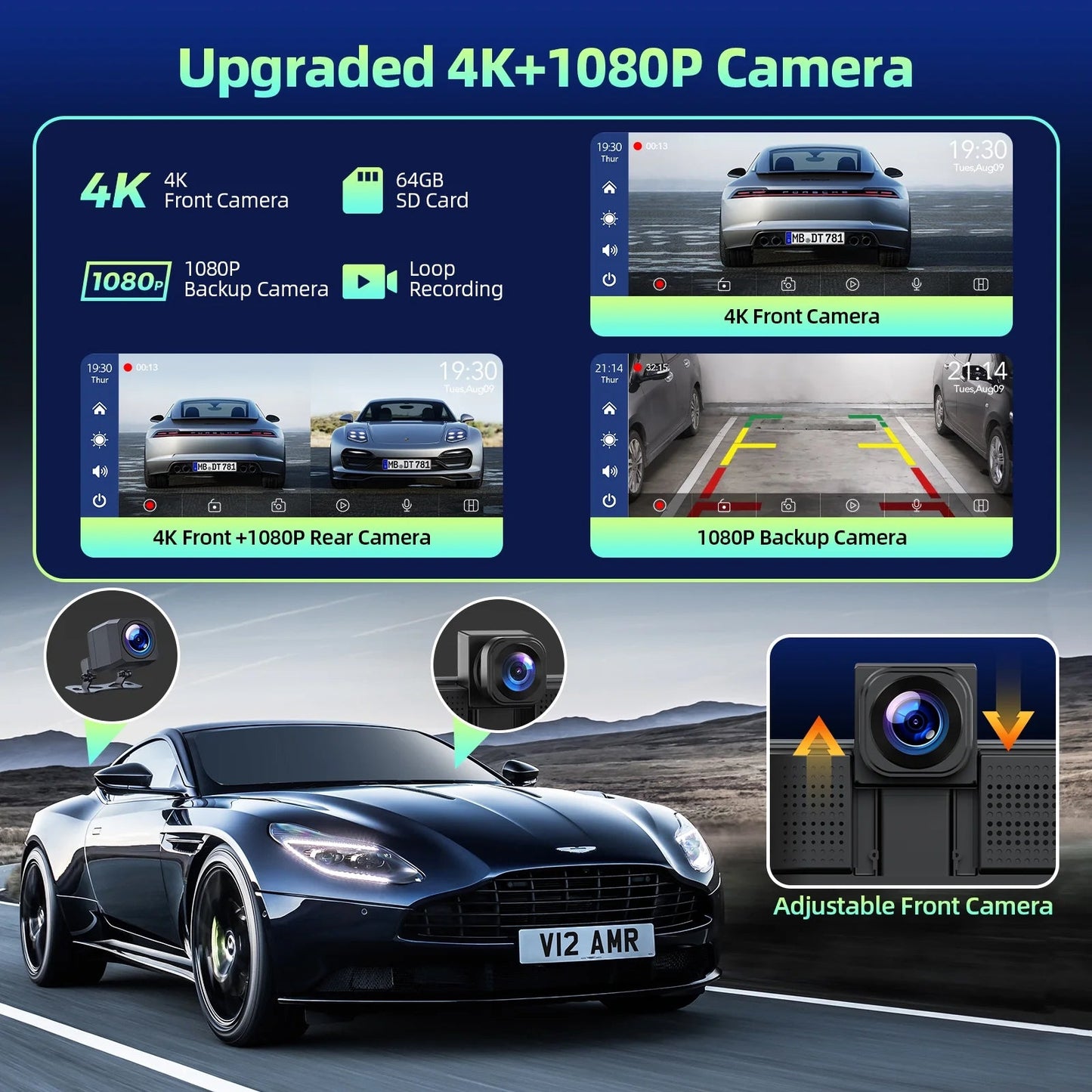 9.26" Wireless CarPlay & Android Auto Screen with 4K Dash Cam, 1080P Backup Camera & GPS Navigation