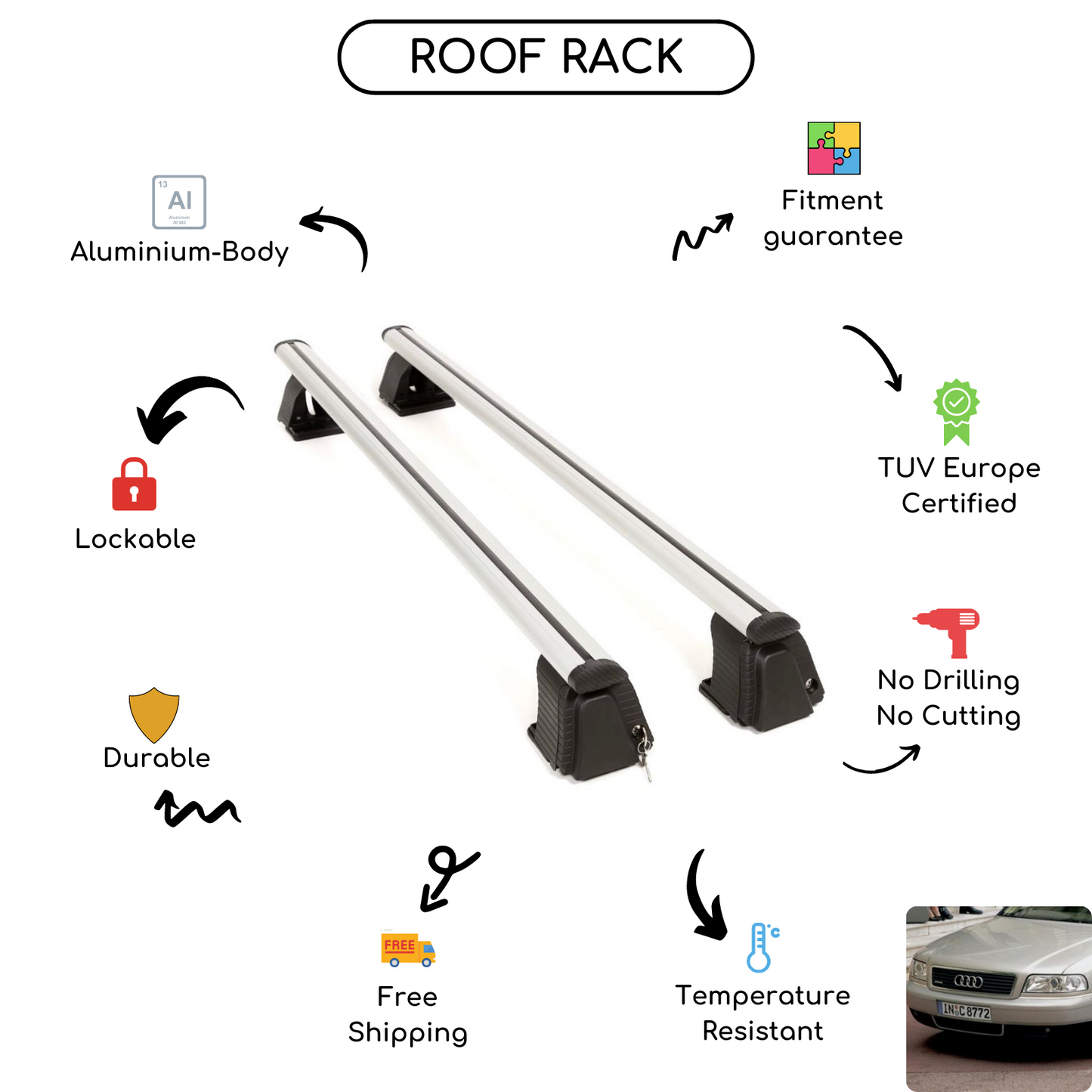 Smooth Roof Rack Cross Bars Set for Audi 80 1987 - 1994