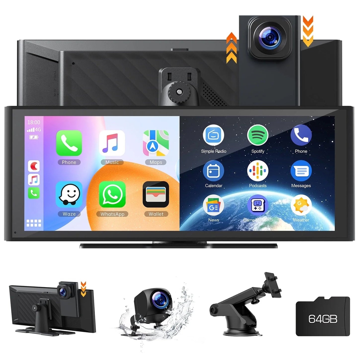 9.26" Wireless CarPlay & Android Auto Screen with 4K Dash Cam, 1080P Backup Camera & GPS Navigation