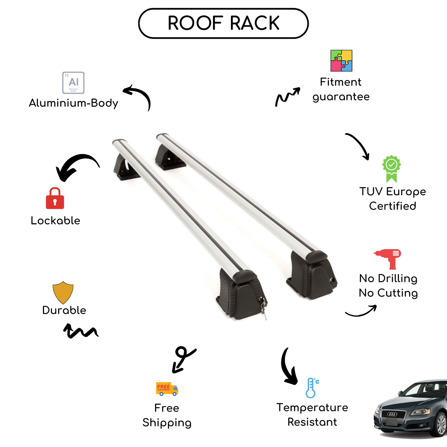 Smooth Roof Rack Cross Bars Set for Audi A3 Hatchback 2003 - 2013