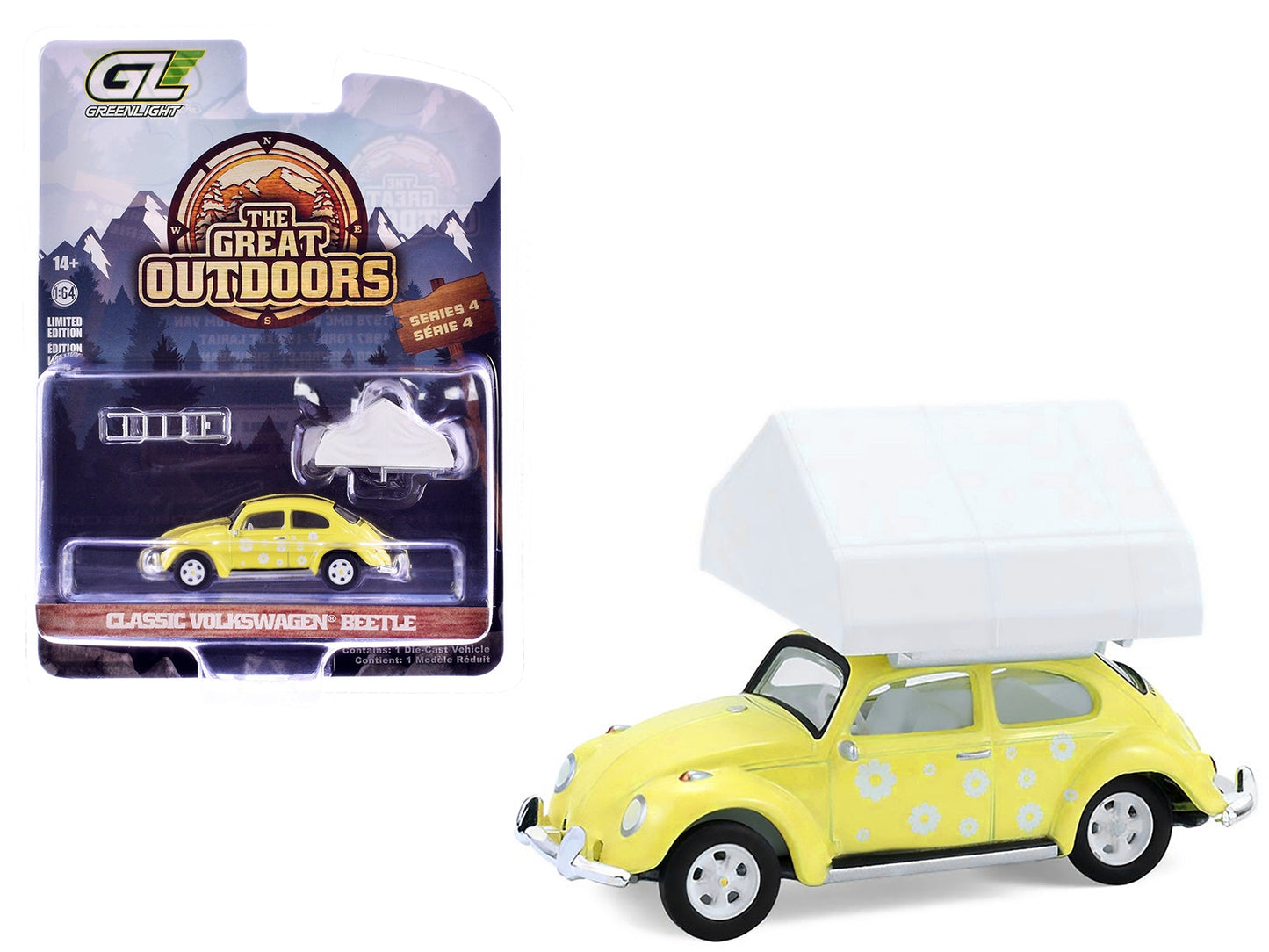Volkswagen Classic Beetle Yellow with White Flower Graphics and Interior with Camp'otel Cartop Sleeper Tent "The Great Outdoors" Series 4 1/64 Diecast Model Car by Greenlight