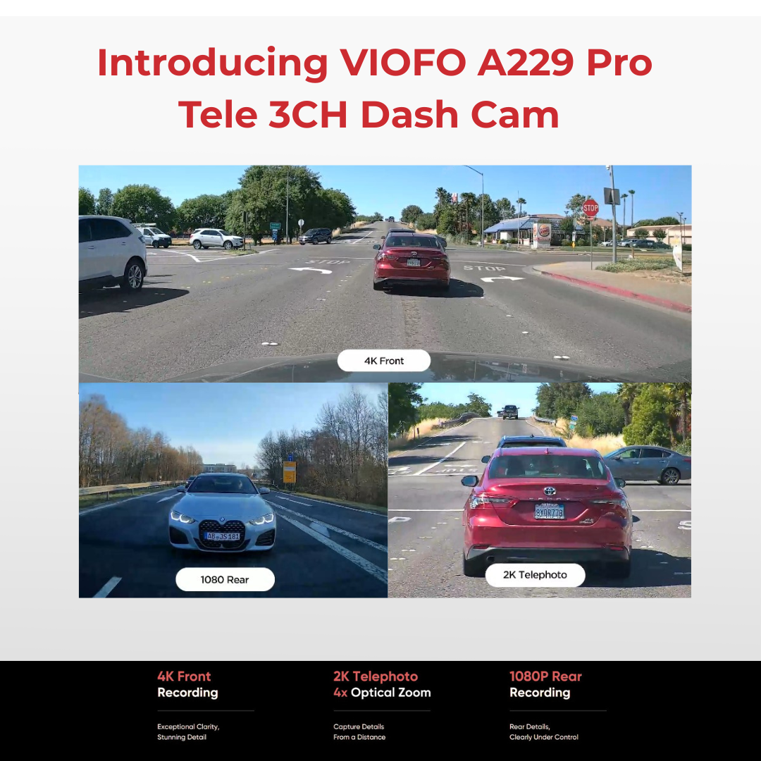 VIOFO A229 Pro Tele 3CH 4K+2K Telephoto 4x Optical Zoom+1080P Dash Cam ...