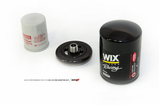 AMS Performance 2009+ Nissan GT-R R35 Alpha CNC Billet Oil Filter Adapter w/Street Filter ALP.07.04.0028-2